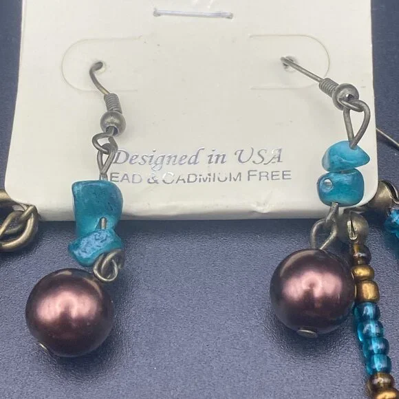 NWT Vtg EsMor Necklace Earring Set Faux Turquoise Copper Gold Foil Glass Bead - Picture 3 of 7